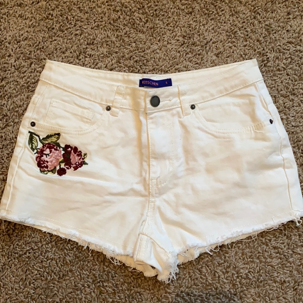 Flower Embroidered White Denim Shorts